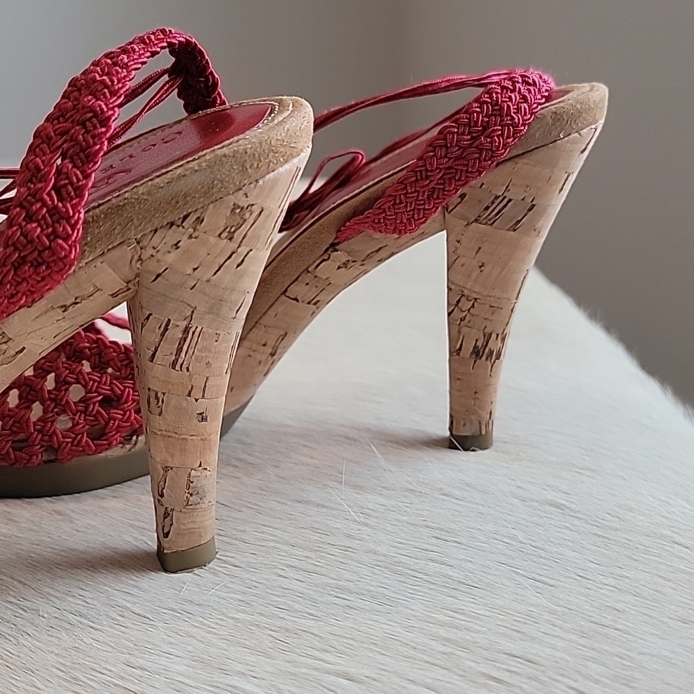 COLE HAAN Lyris Red Macrame Woven Sandal Rope Open Toe Ankle Wrap Cork Heel - Picture 2 of 8